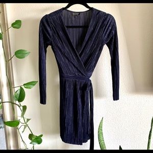 Topshop Navy Long Sleeve Pleated Wrap Dress